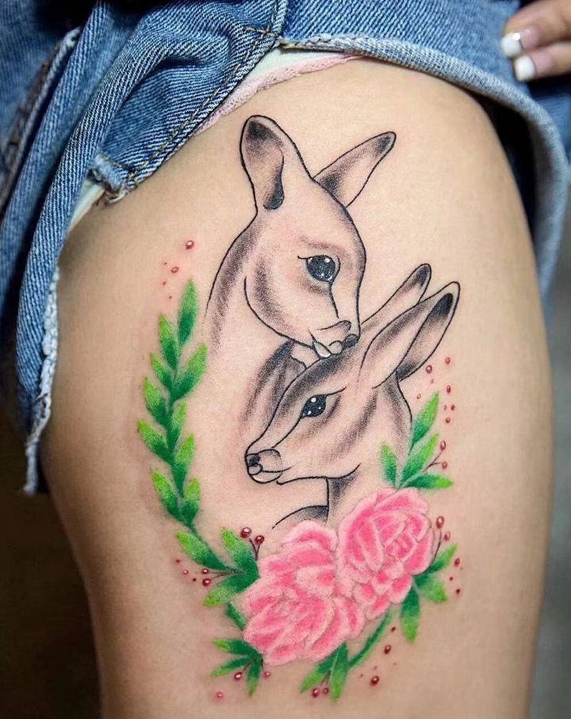 小鹿纹身图片_腿部纹身图案