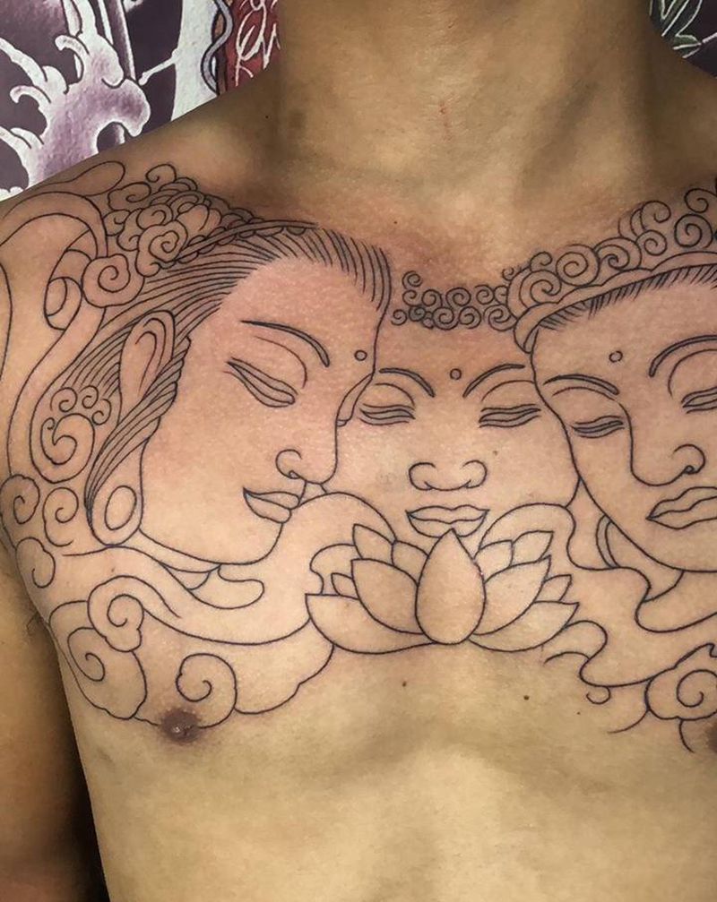 三面佛 线条纹身图片_胸部纹身图案
