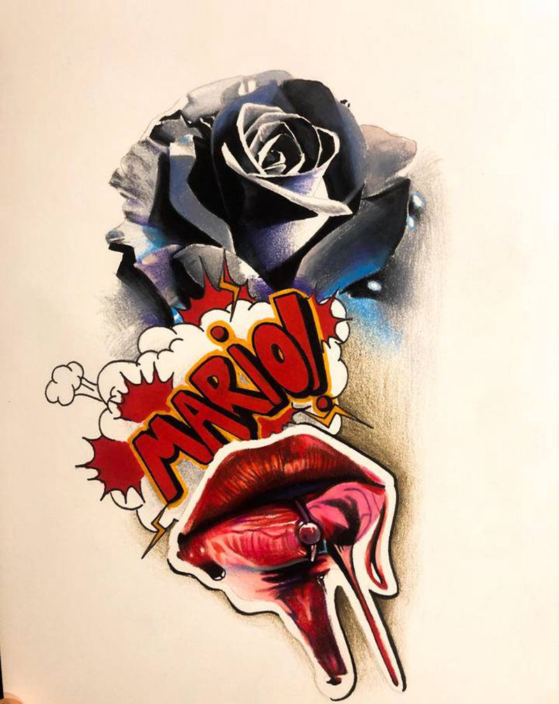 玫瑰和嘴纹身图片_欧美写实纹身图案