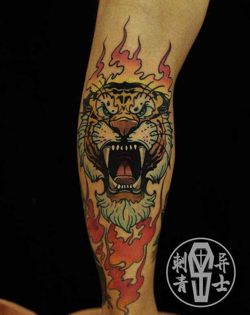 old school老虎纹身图片_腿部Old School老虎纹身图案
