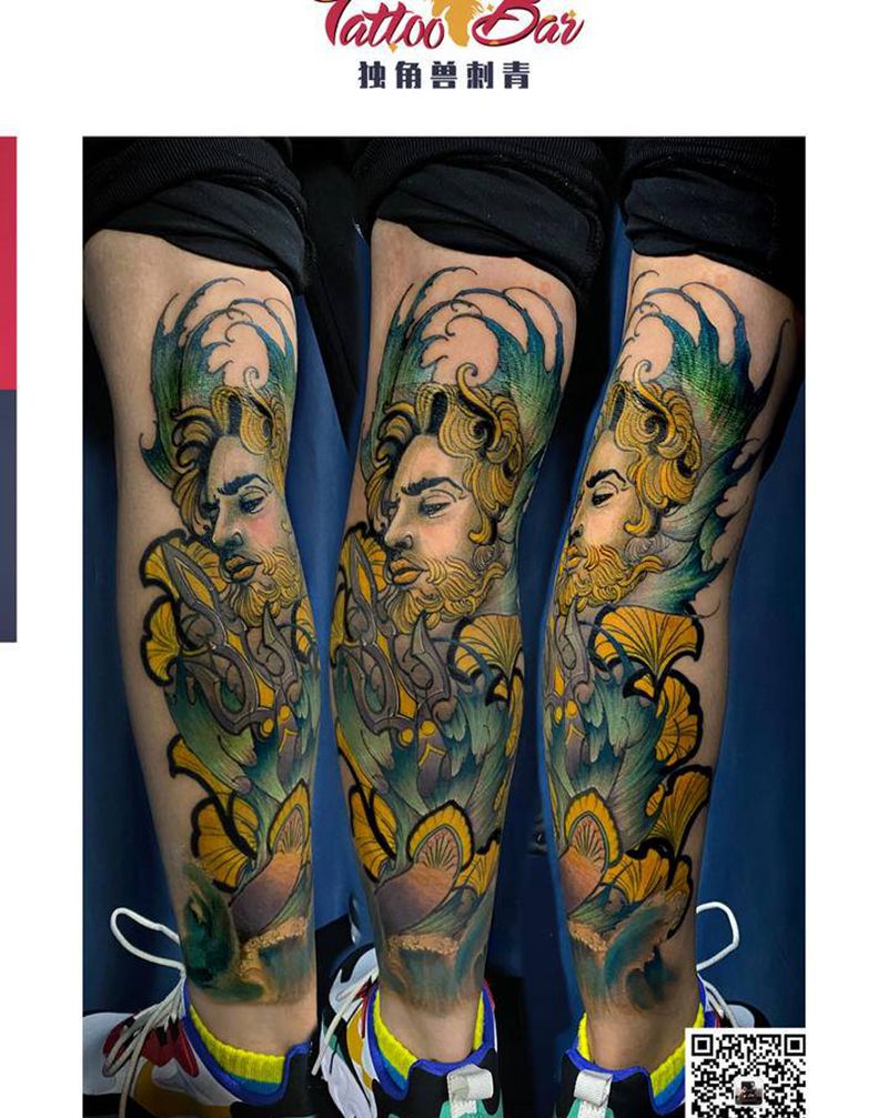 波塞冬纹身图片_腿部New School纹身图案