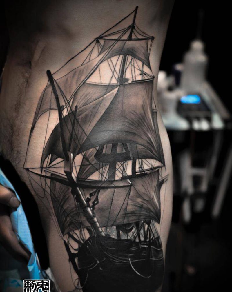 黑珍珠号 扬帆起航纹身图片_臀部欧美写实纹身图案