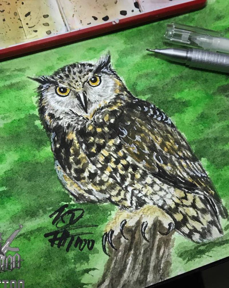 猫头鹰纹身图片_水彩纹身图案