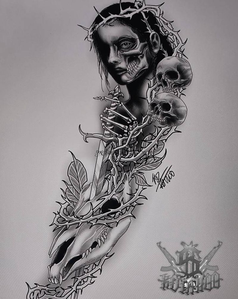 骷髅纹身图片_New School黑灰纹身图案