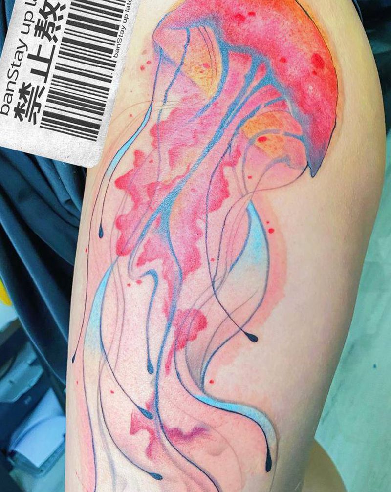 修改水母纹身图片_腿部New School水彩纹身图案