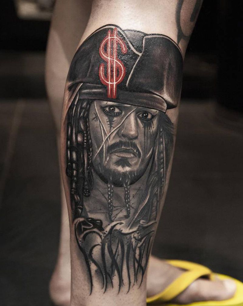 杰克船长纹身图片_腿部欧美写实暗黑写实纹身图案