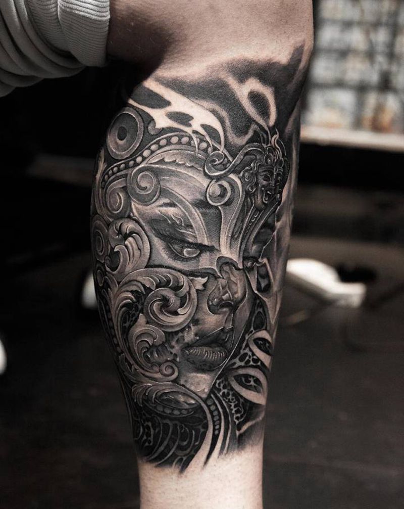 暗黑小腿竣工纹身图片_腿部欧美写实纹身图案