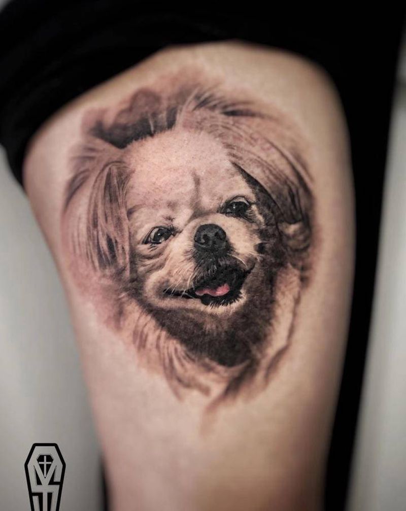 狗狗纹身图片_腿部欧美写实纹身图案
