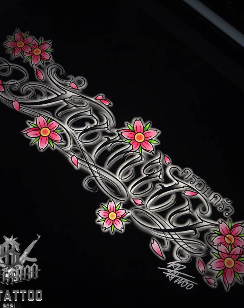 1纹身图片_花体字樱花纹身图案