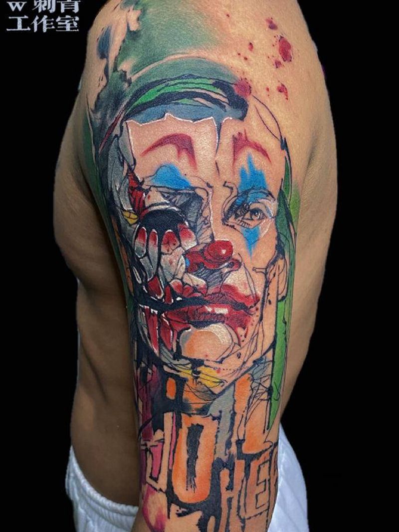客人自带水彩小丑图纹身图片_手臂水彩纹身图案