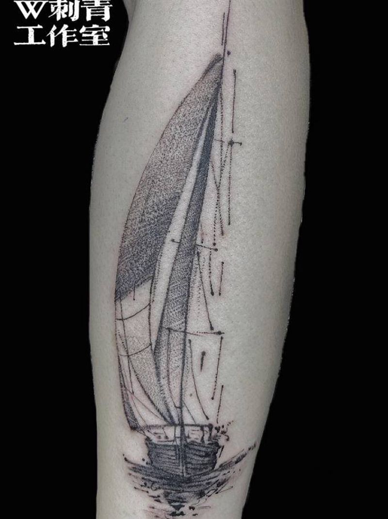 帆船纹身图片_手臂几何纹身图案