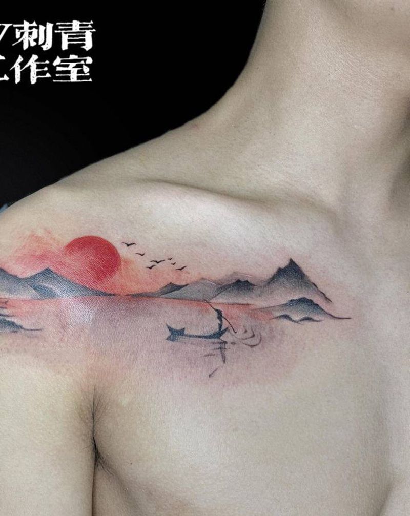 水墨山水纹身图片_胸部水墨纹身图案