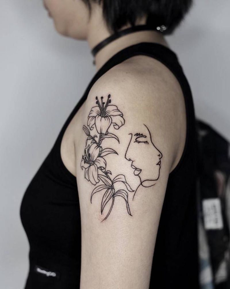 线条纹身图片_肩部小清新纹身图案