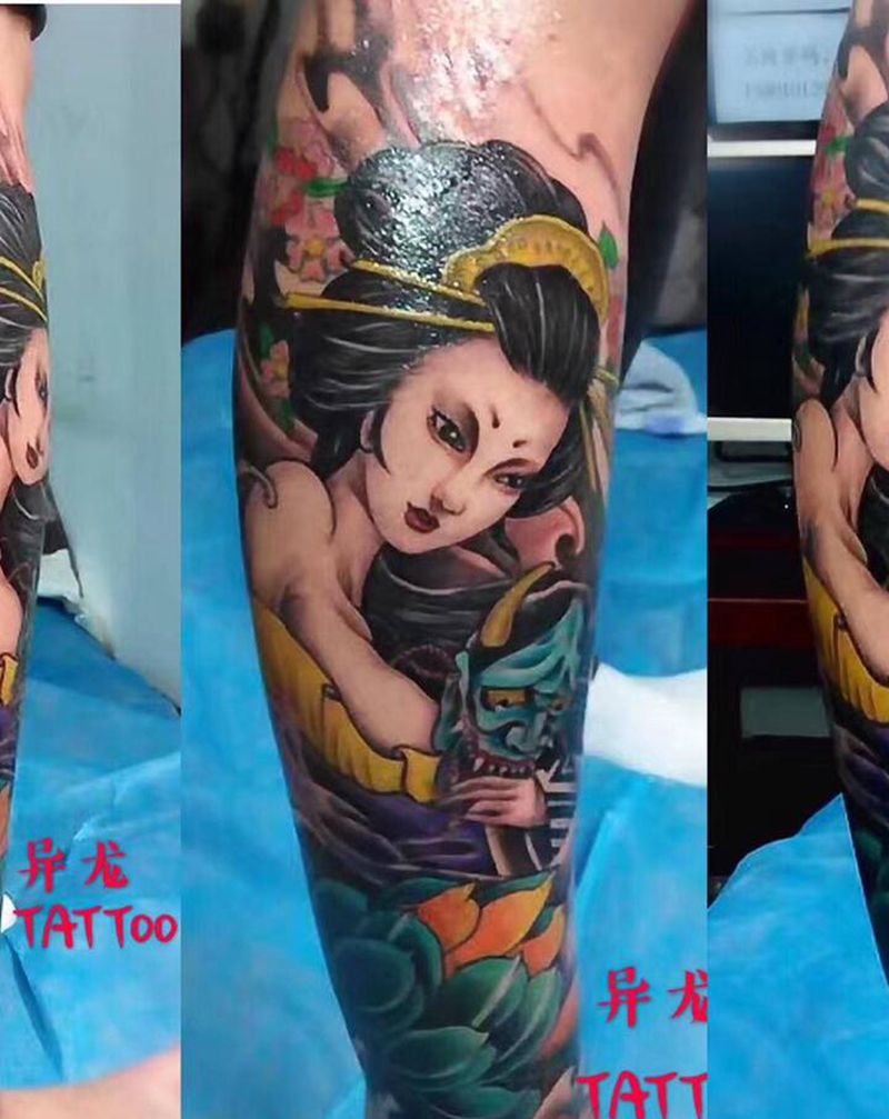 艺妓纹身图片_腿部新传统纹身图案