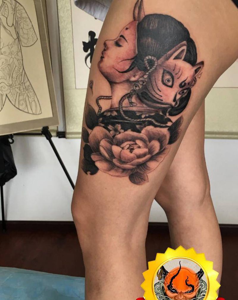 花旦纹身图片_腿部新传统老传统纹身图案