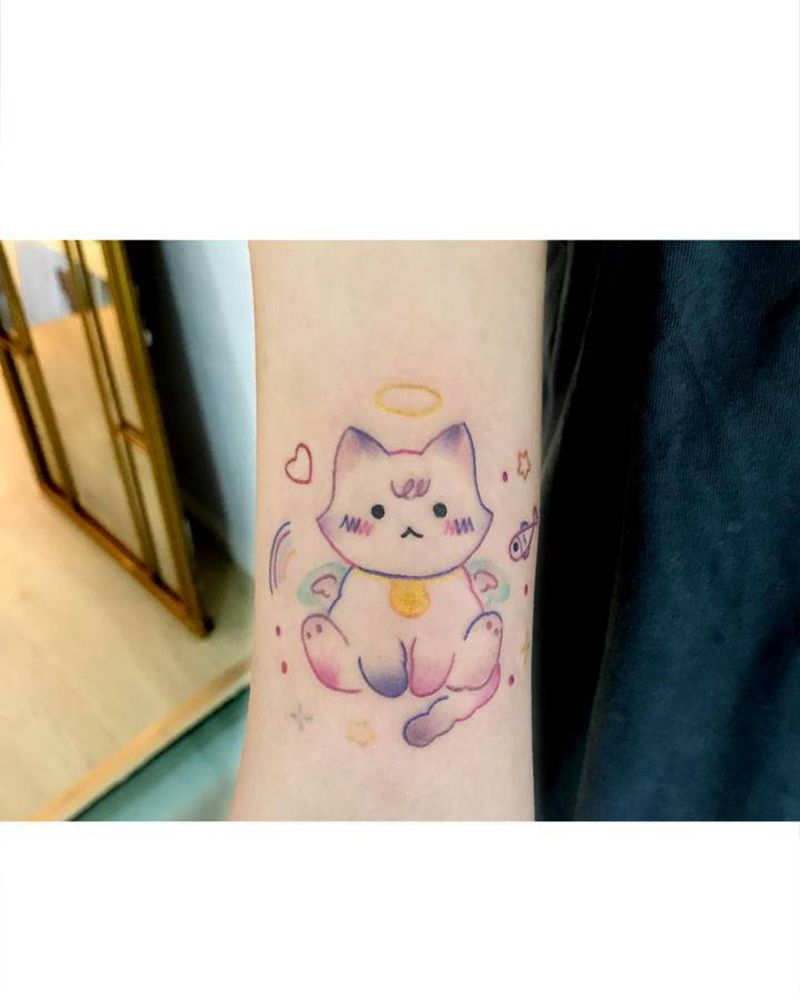 彩色猫咪纹身图片_背部卡通猫纹身图案