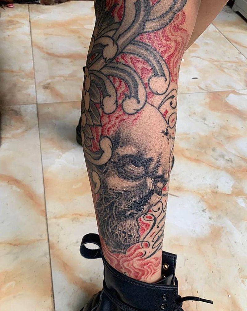 手绘skull纹身图片_腿部欧美写实骷髅skull写实纹身图案