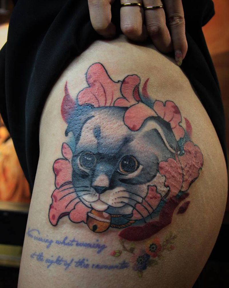 猫儿纹身图片_臀部腿部New School猫纹身图案