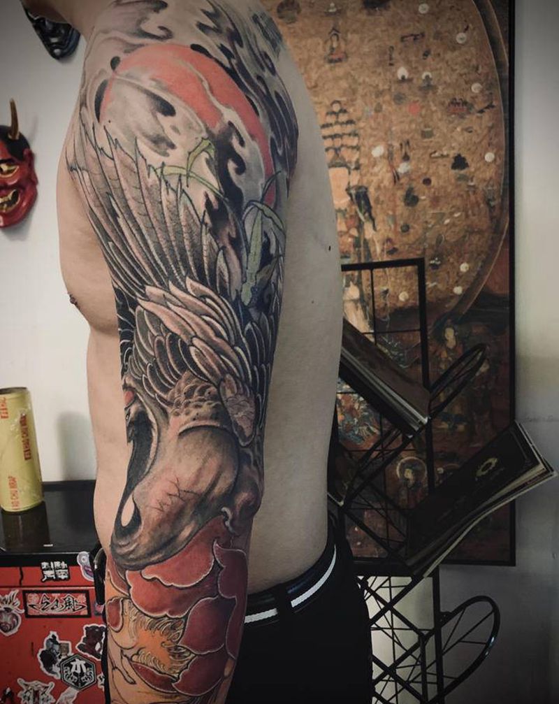 鹤\牡丹纹身图片_新传统纹身图案