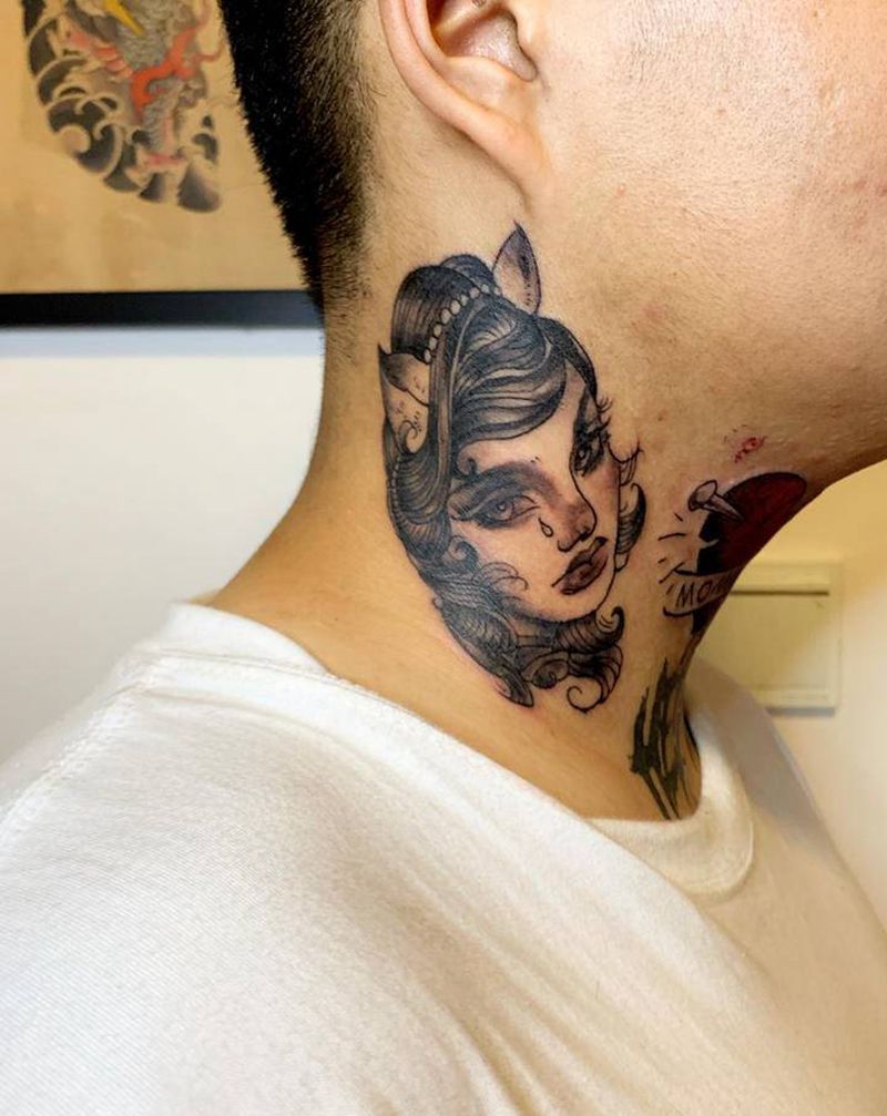 脖子猫女纹身图片_颈部New SchoolOld School纹身图案