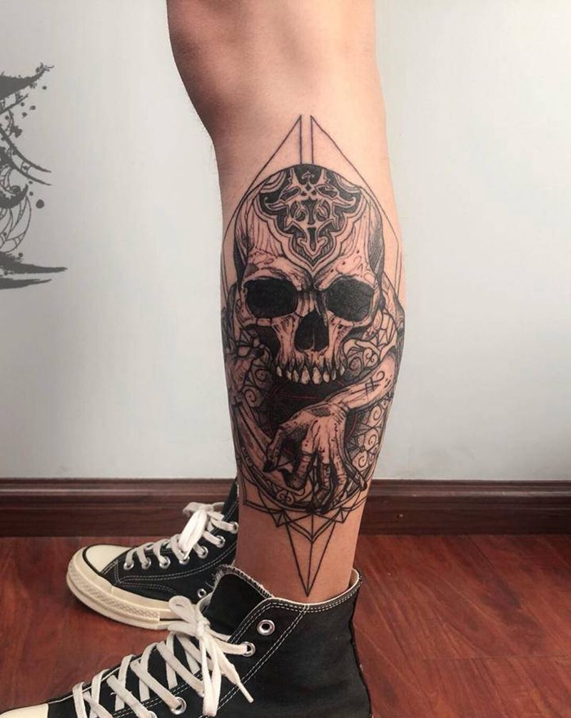 骷髅纹身图片_腿部脚部纹身图案