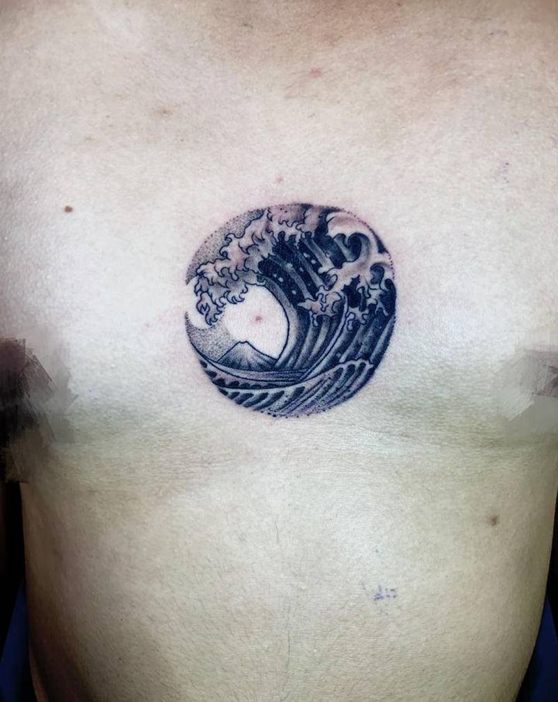传统浪花纹身图片_胸部老传统点刺纹身图案