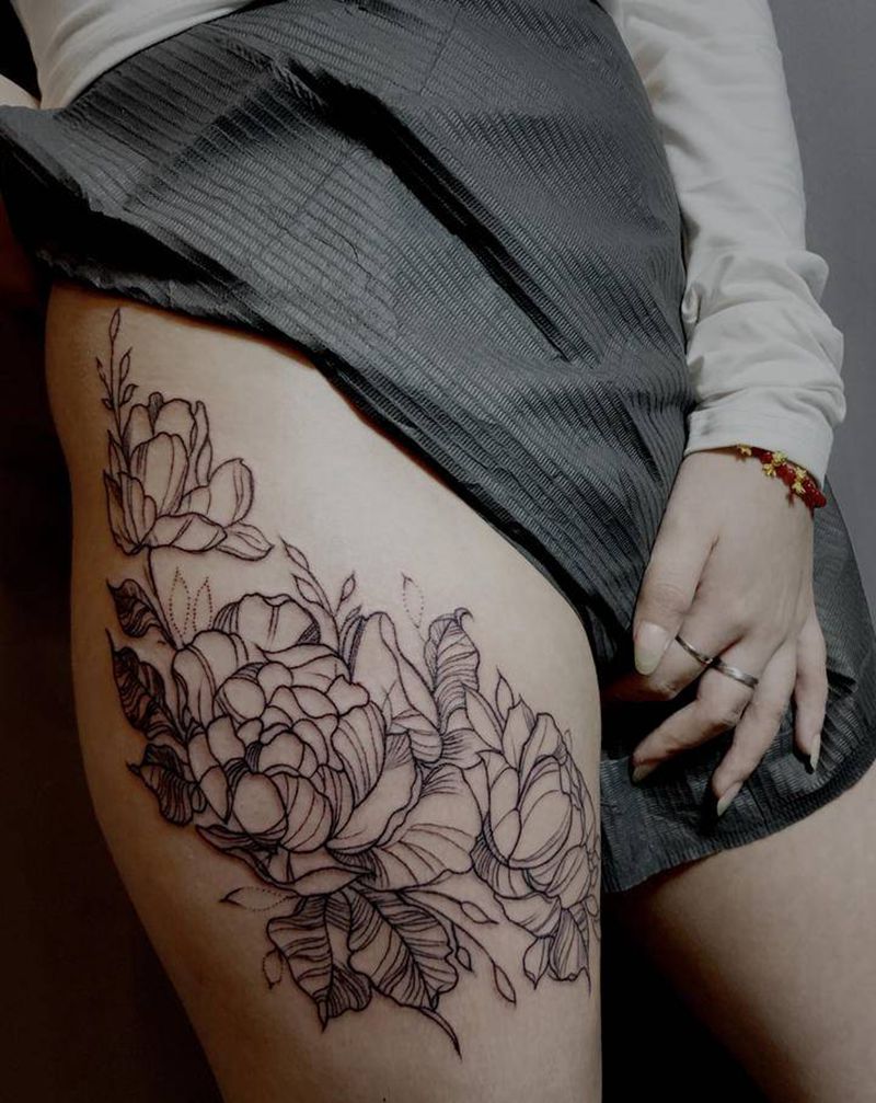 素花纹身图片_腿部New School点刺纹身图案