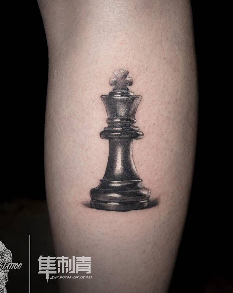国际象棋纹身图片_腿部欧美写实国际象棋纹身图案