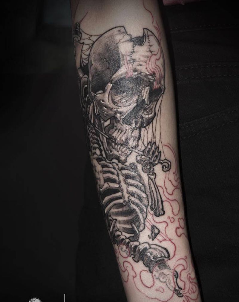 骷髅纹身机纹身图片_手臂欧美写实New School机纹身图案