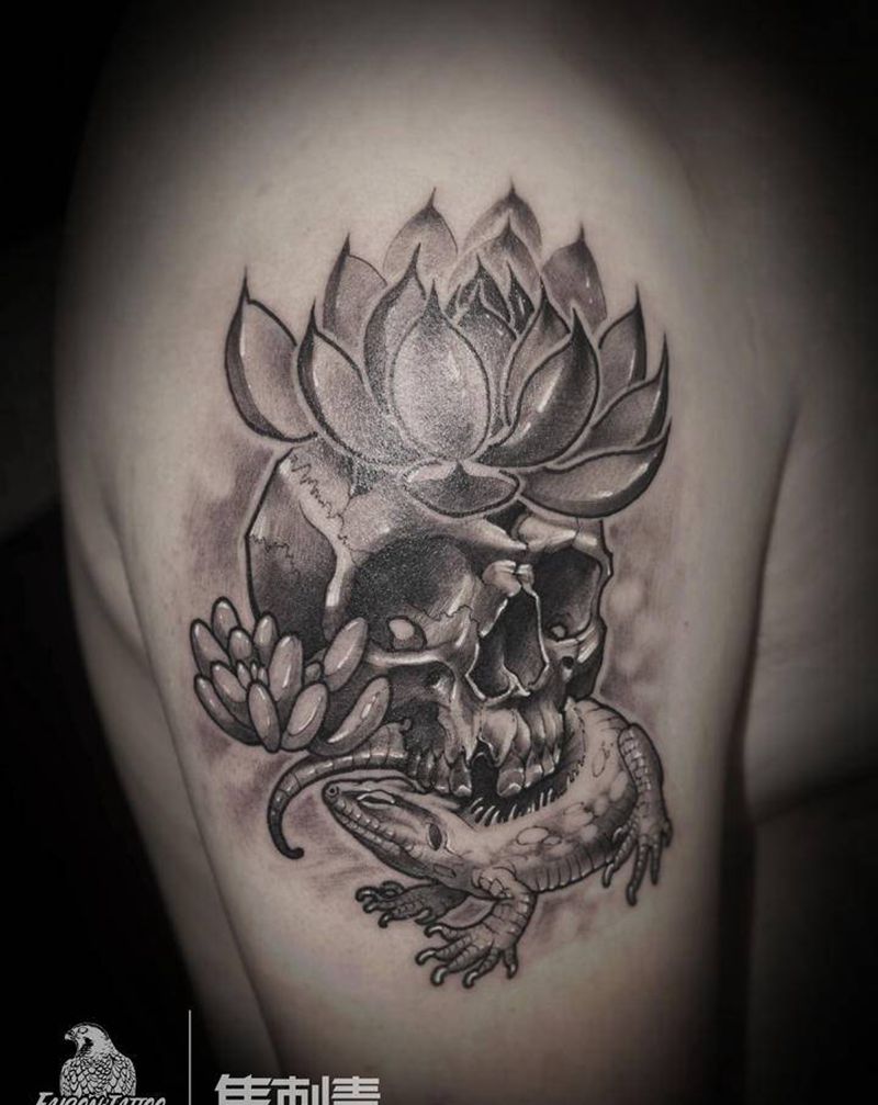 骷髅多肉纹身图片_手臂New School欧美写实骷髅纹身图案