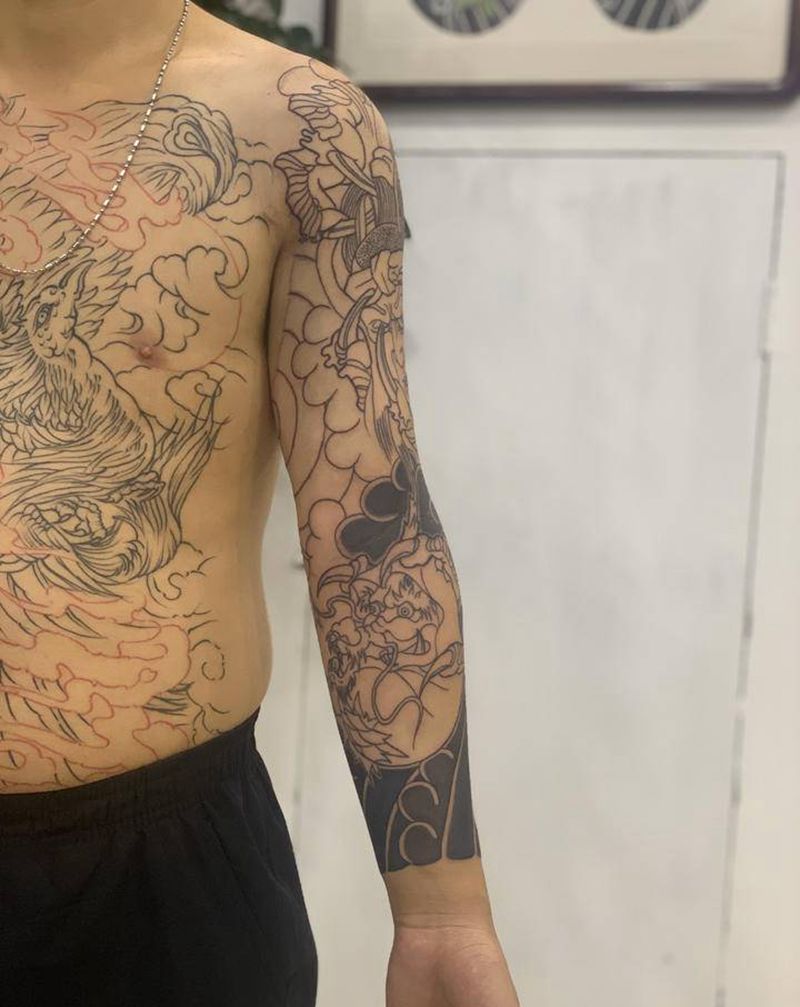 日式花臂纹身图片_肩部手臂老传统纹身图案