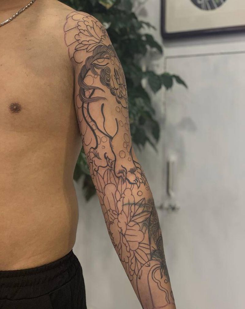 日式老传统唐狮遮盖纹身图片_手臂肩部老传统纹身图案