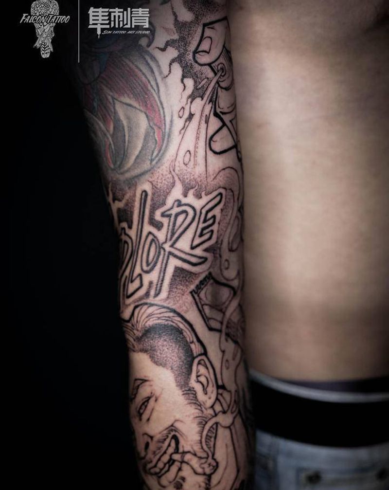 给托尼老师的自画像纹身图片_手臂New School花臂纹身图案