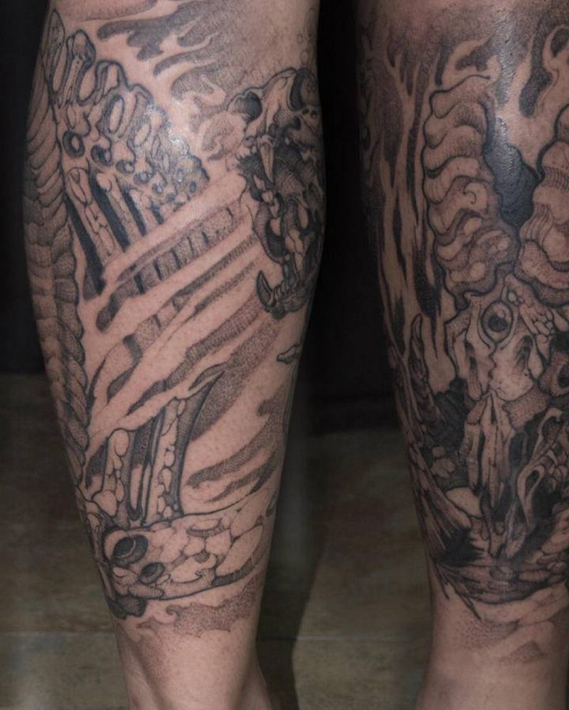 生化骷髅羊纹身图片_腿部New School羊生化纹身图案