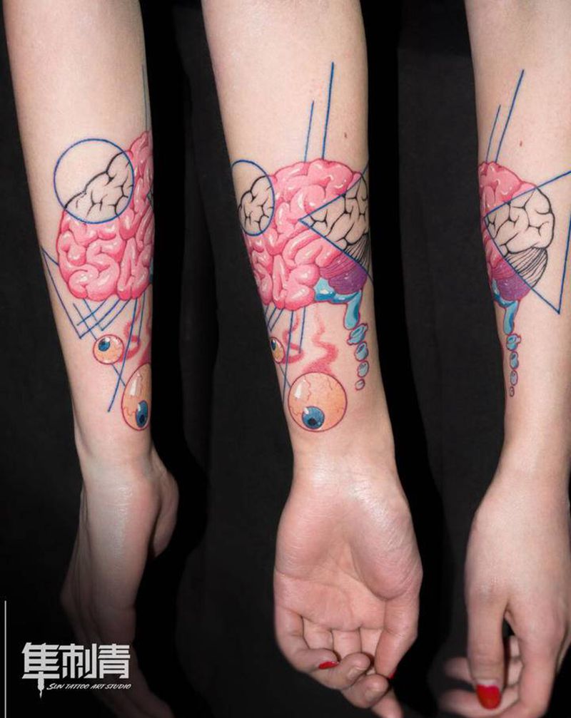 给我你的脑纹身图片_手臂New School几何大脑纹身图案