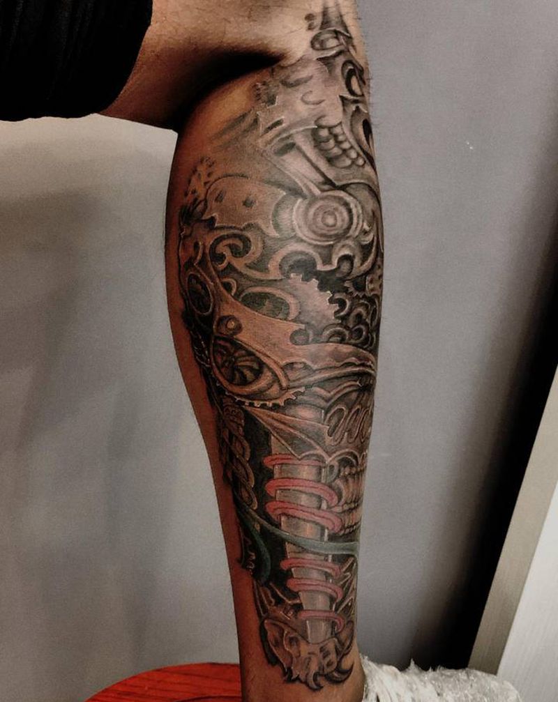 机械腿纹身图片_腿部New School欧美写实纹身图案