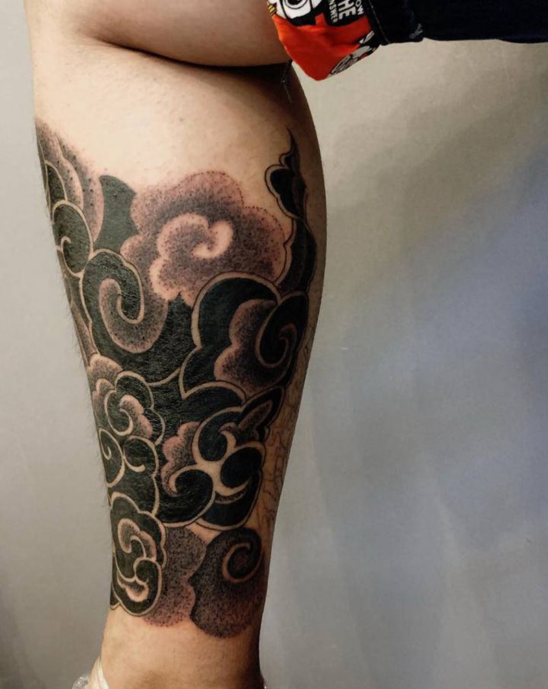 点刺祥云纹身图片_腿部点刺New School纹身图案