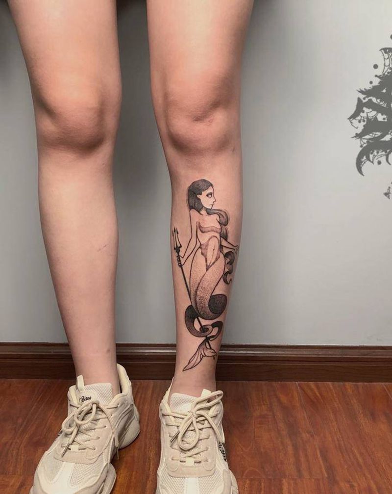人鱼纹身图片_腿部纹身图案