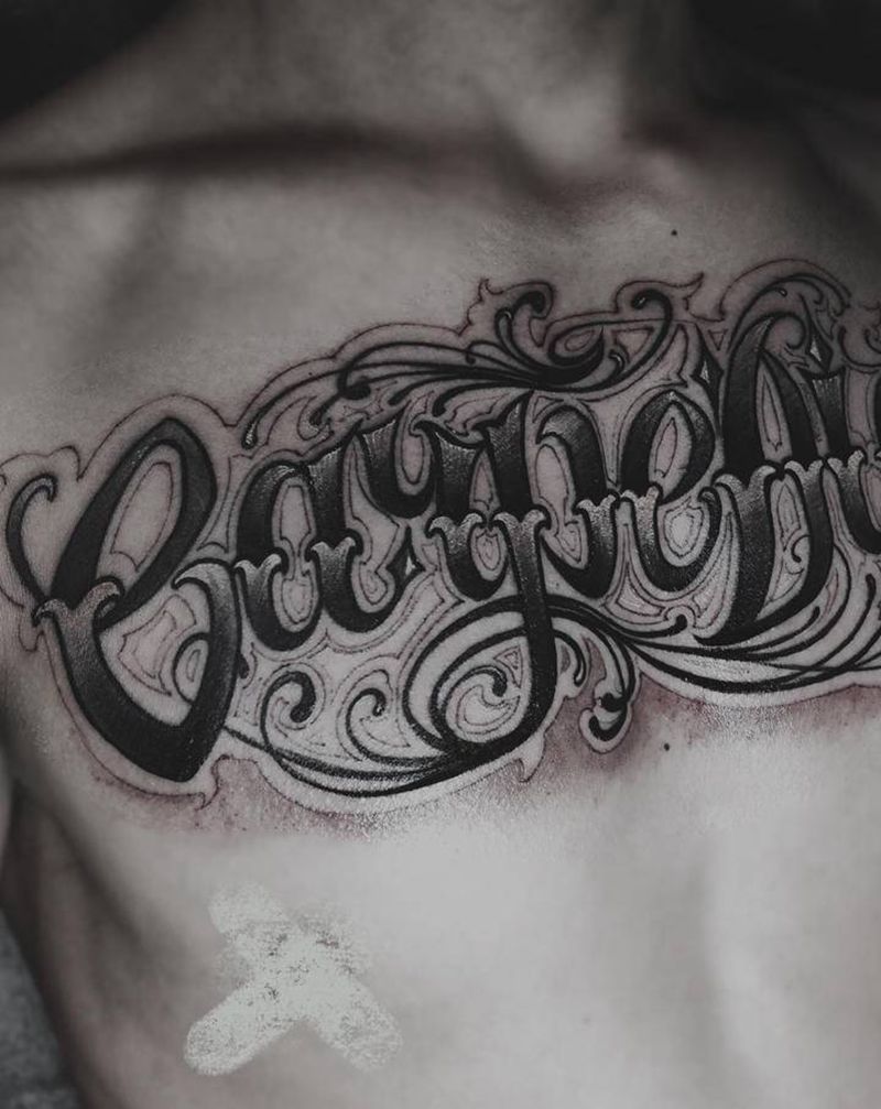 及时行乐纹身图片_胸部花体字花体纹身图案