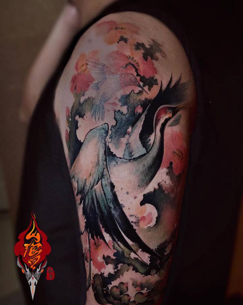 仙鹤 水墨风格纹身图片_手部手臂新传统水墨原创仙鹤水墨纹身图案