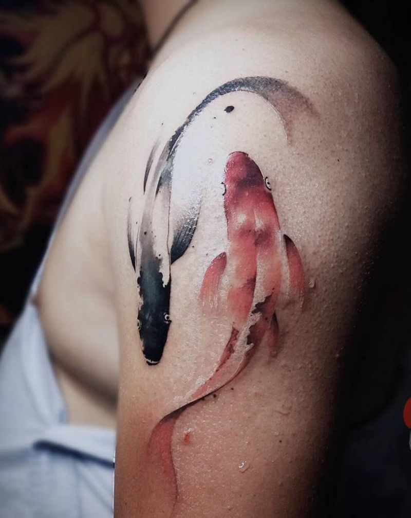 水墨鱼遮盖纹身图片_手臂水墨水墨鱼国风小鱼太极鱼纹身图案