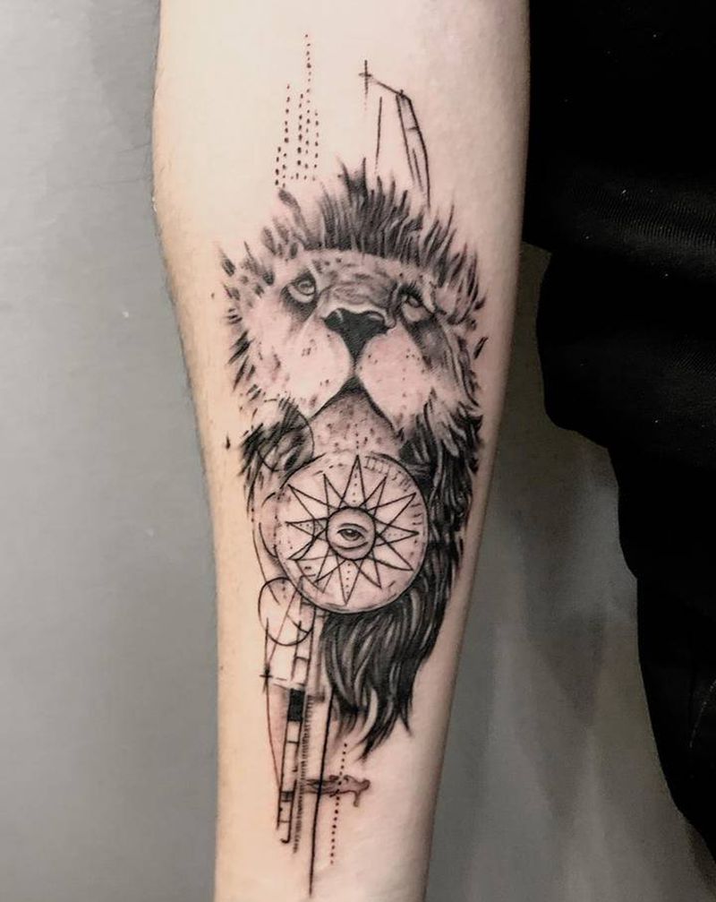 狮子纹身图片_手臂欧美写实几何纹身图案