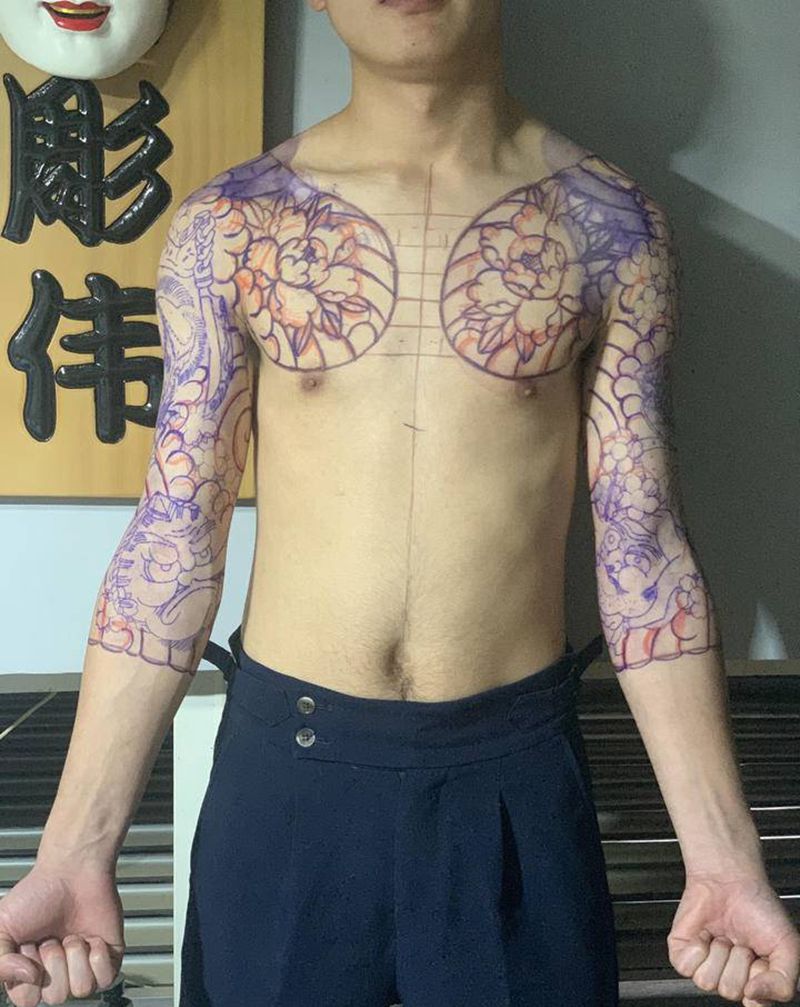 7分对胛，初步线，下次继续纹身图片_胸部手臂老传统纹身图案