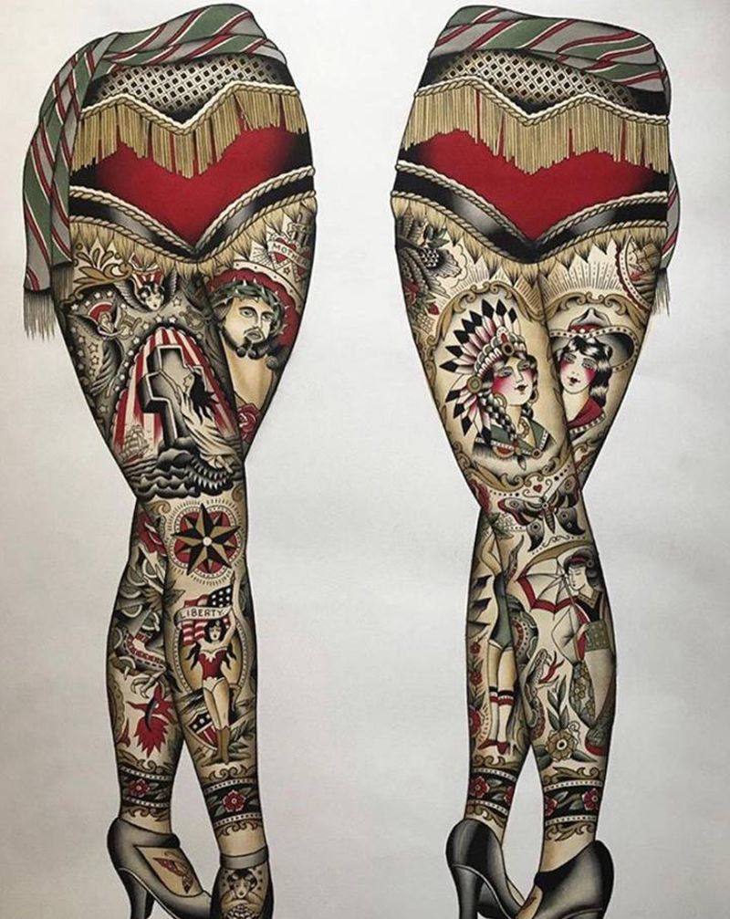 四姑娘纹身图片_手部腿部Old School老传统纹身图案