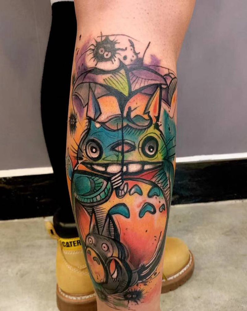 宫崎骏龙猫纹身图片_腿部脚部New School水彩纹身图案