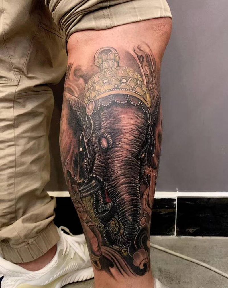 象神遮盖图腾火焰纹身图片_腿部脚部纹身图案