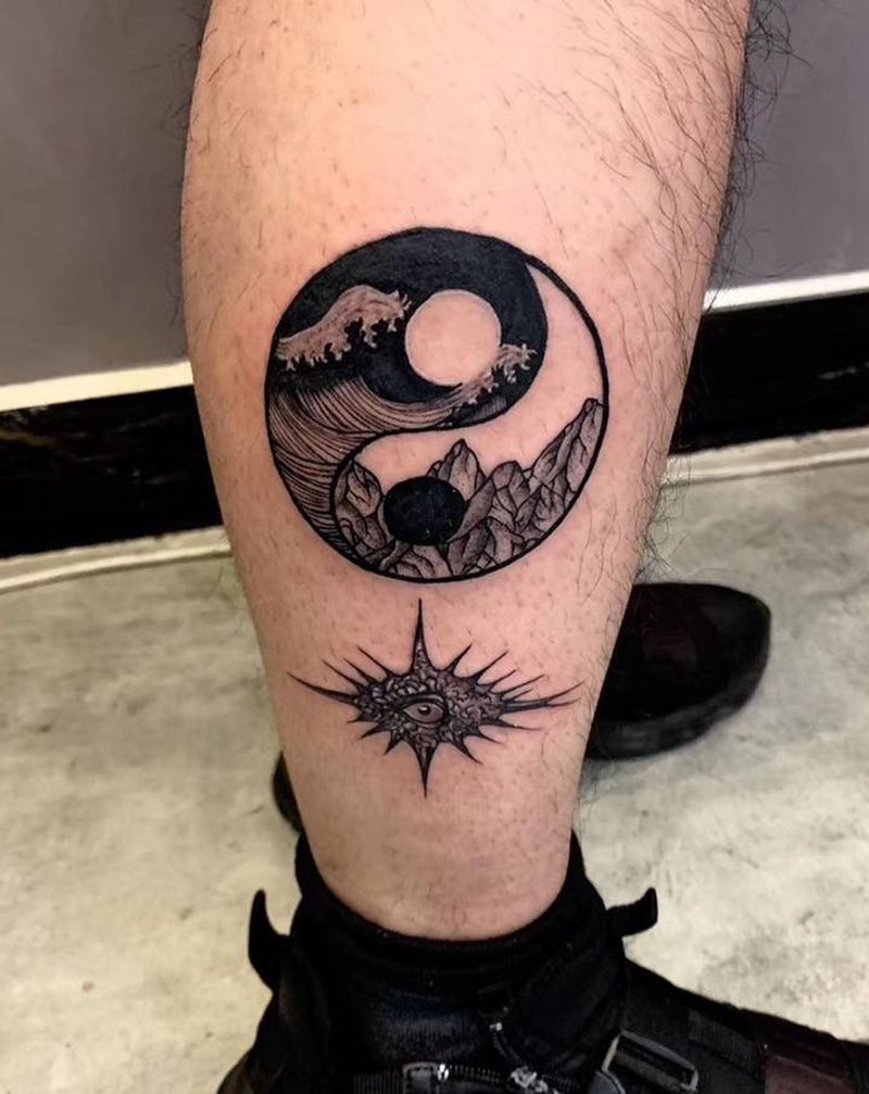 山，浪，眼，太极纹身图片_腿部脚部几何点刺纹身图案