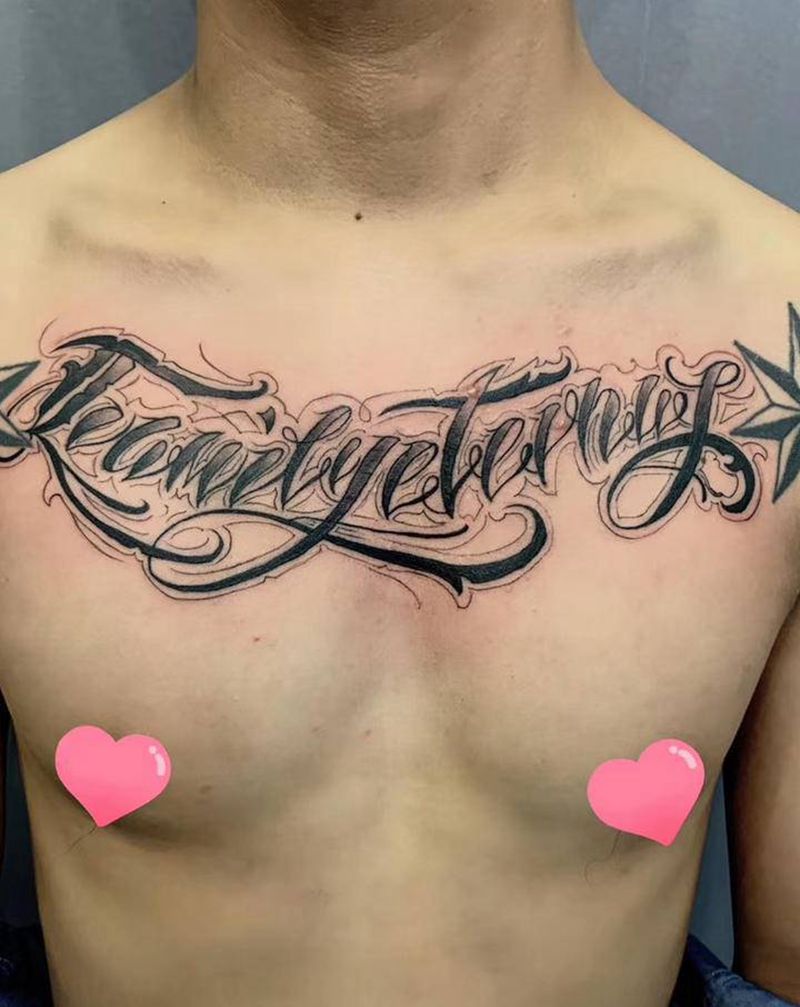 奇卡诺花体字纹身图片_胸部颈部花体字纹身图案