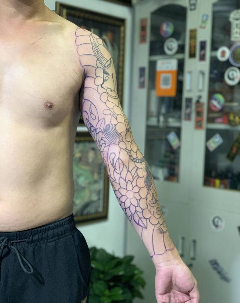 日式老传统，小臂遮盖，初步线条纹身图片_手臂老传统纹身图案