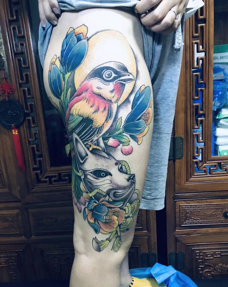 阿薄作品（未完）纹身图片_腿部新传统纹身图案